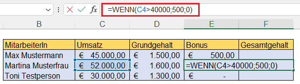Tabelle bei Bonusberechnung mit Formel für WENN-Funktion